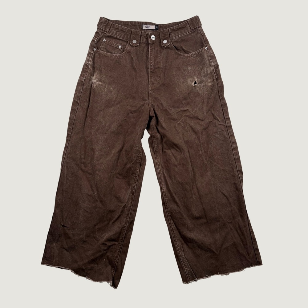 Baggy Canvas Wide Leg Pants Womens Streetwear Distressed XS Brown Skater Utility